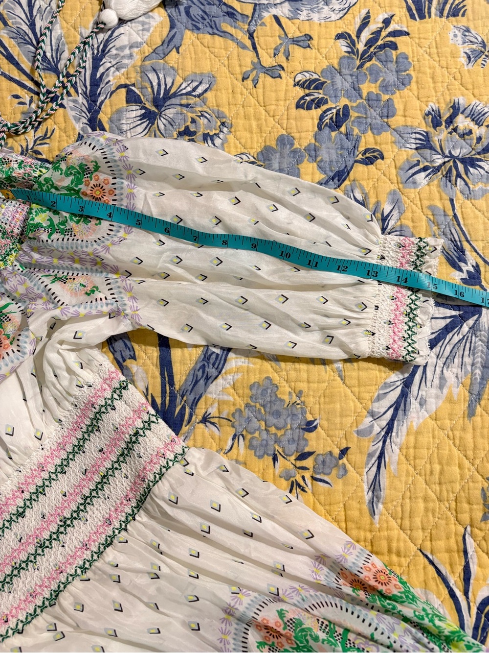 ALICE + OLIVIA Off-Shoulder Smocked Dress with Green Floral Print (Small petite) - Picture 7 of 16